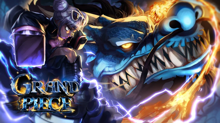 Official Grand Piece Online artwork showing a dragon and a fighter surrounded by lightning